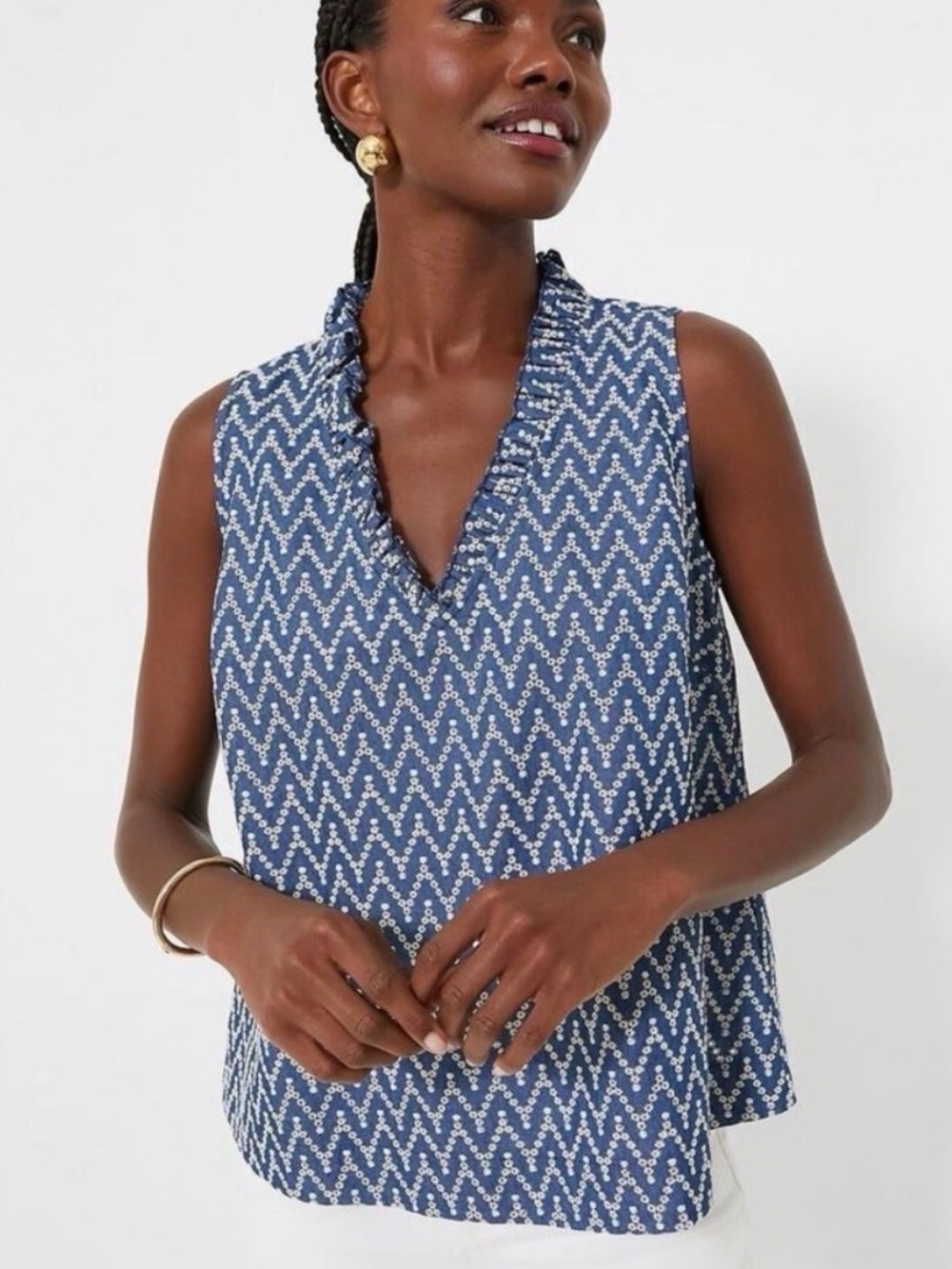Pomander Place Blue Chevron Ruffle V-Neck Blouse